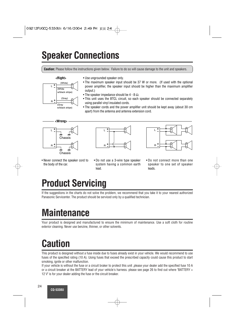 Speaker connections, Product servicing, Maintenance | Caution | Panasonic CQ-5330U User Manual | Page 24 / 35