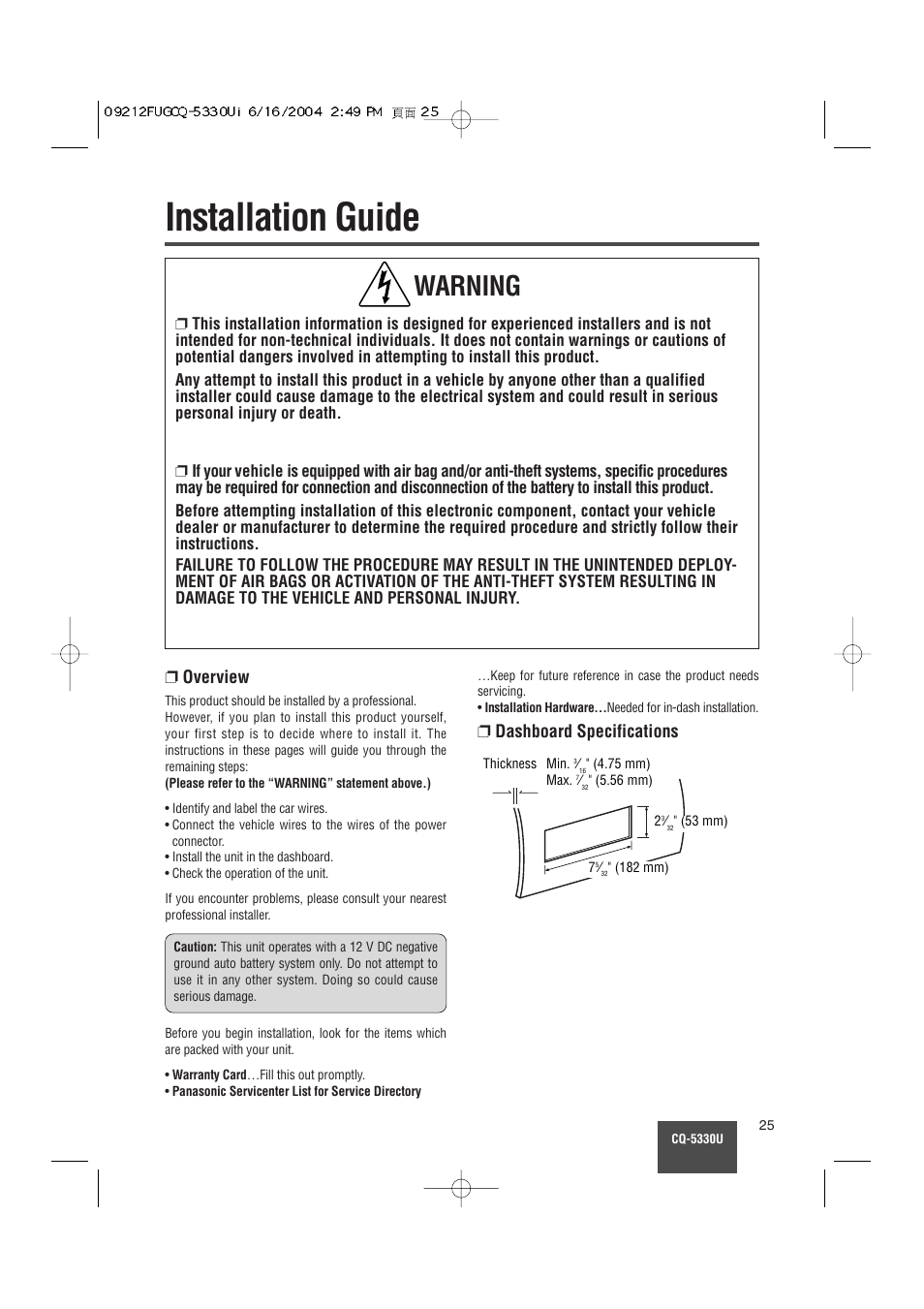 Installation guide, Warning, Overview | Dashboard specifications | Panasonic CQ-5330U User Manual | Page 25 / 35