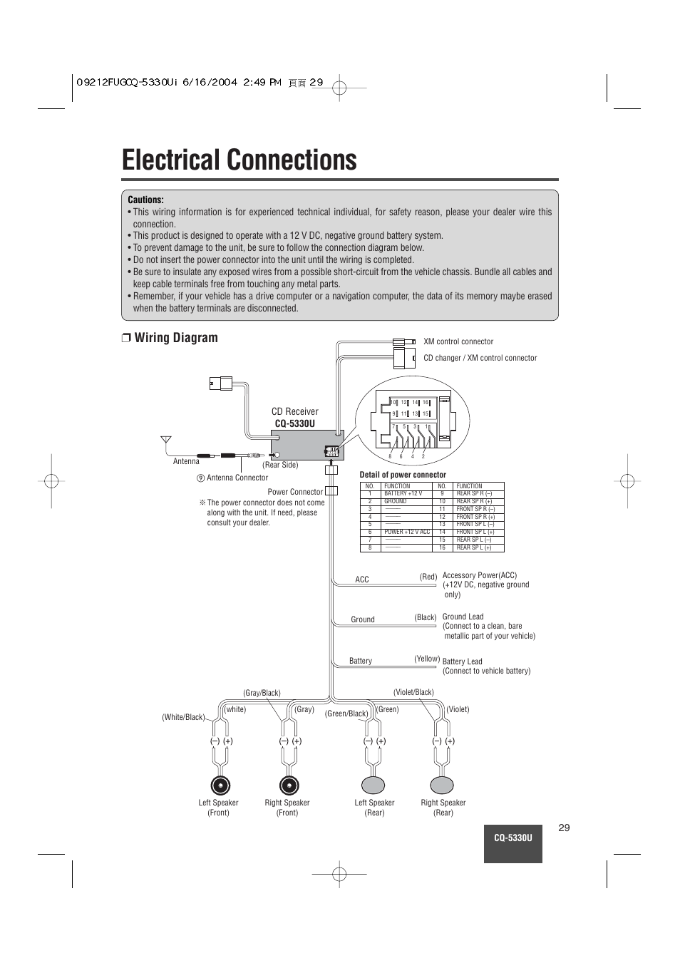 Electrical connections, Wiring diagram | Panasonic CQ-5330U User Manual | Page 29 / 35
