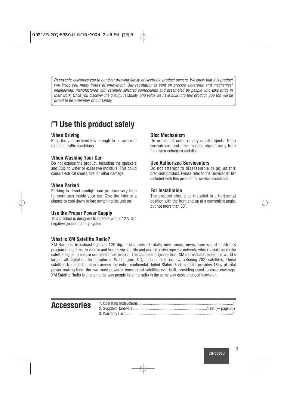Use this product safely, Accessories | Panasonic CQ-5330U User Manual | Page 3 / 35