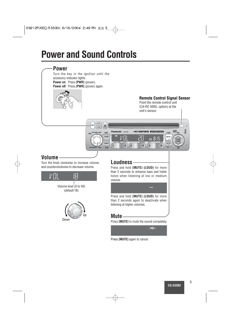 Power and sound controls, Power, Volume | Mute, Loudness, Remote control signal sensor | Panasonic CQ-5330U User Manual | Page 5 / 35