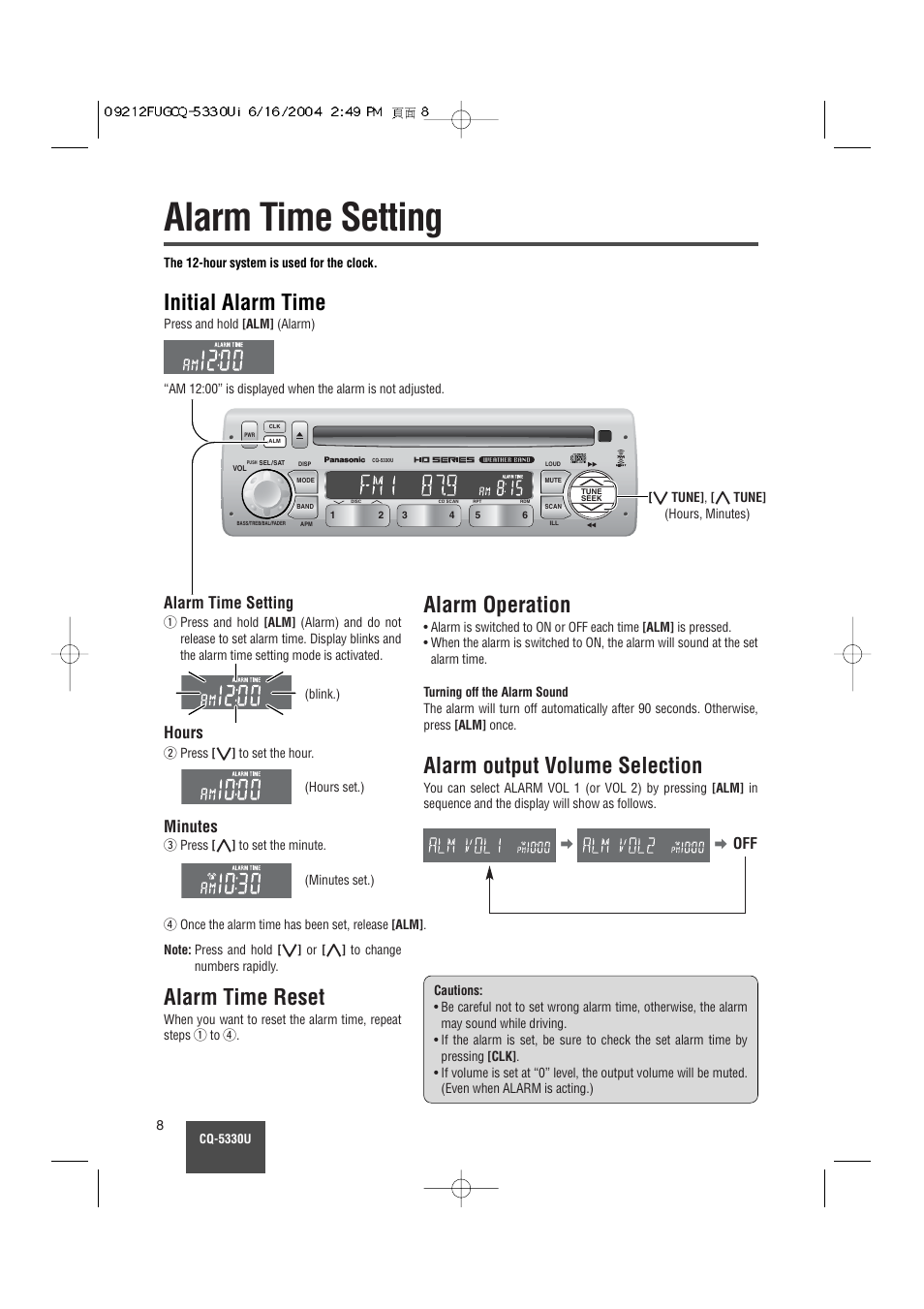 Alarm time setting, Initial alarm time, Alarm time reset | Alarm operation, Alarm output volume selection, Alarm time setting hours minutes | Panasonic CQ-5330U User Manual | Page 8 / 35