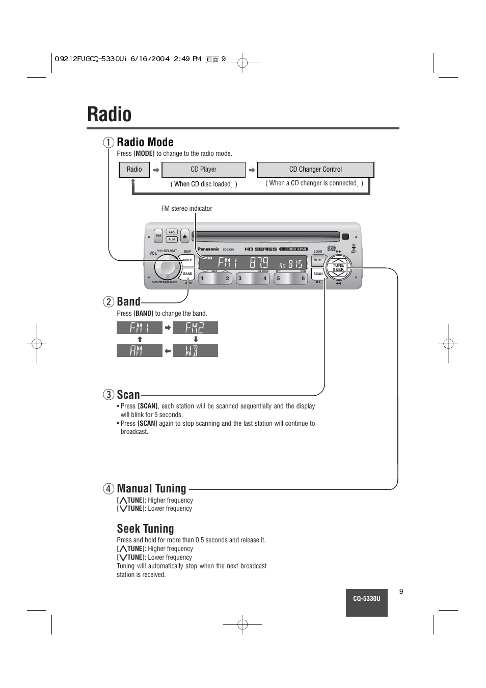 Radio, Radio mode, Band | Seek tuning, Wmanual tuning, Rscan | Panasonic CQ-5330U User Manual | Page 9 / 35