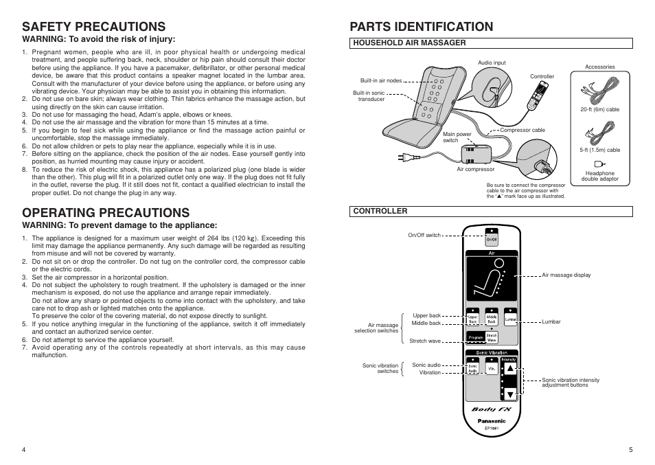 Safety precautions, Operating precautions, Parts identification | Panasonic EP1081 User Manual | Page 3 / 6