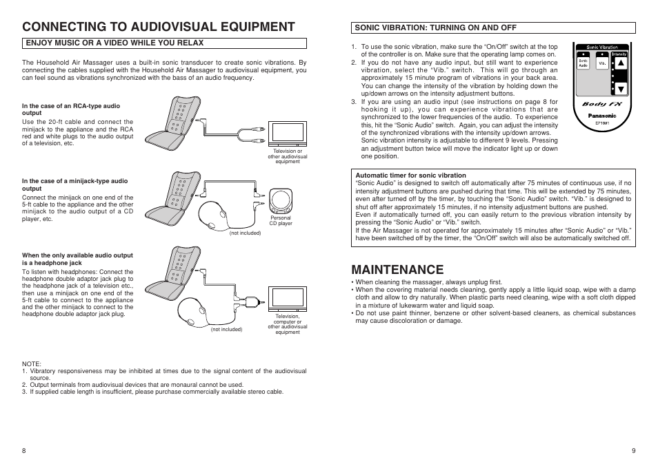 Connecting to audiovisual equipment, Sonic vibration: turning on and off, Maintenance | Panasonic EP1081 User Manual | Page 5 / 6