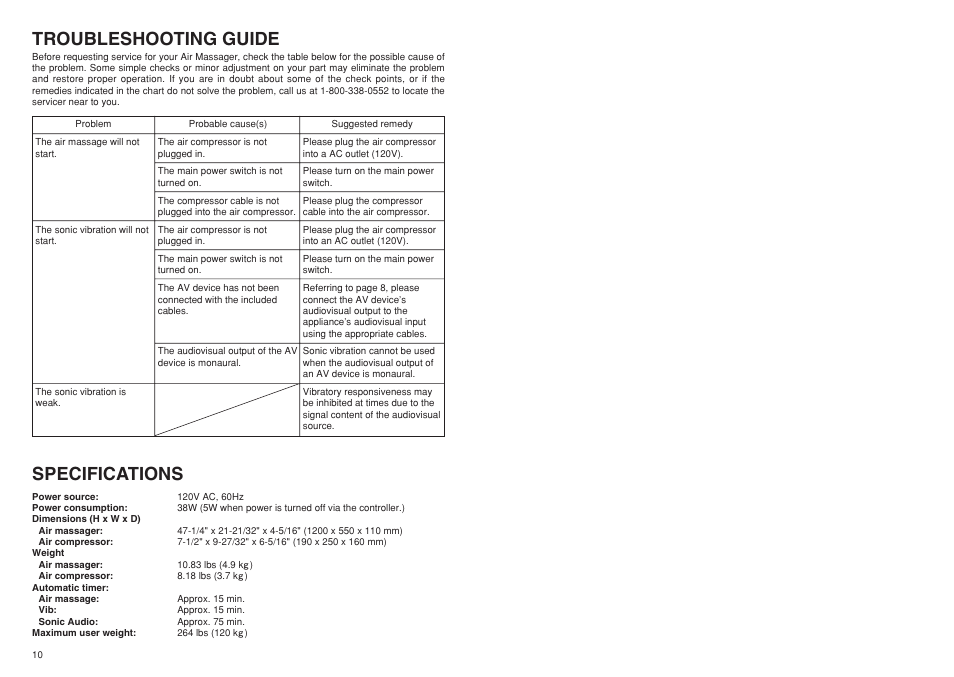 Troubleshooting guide, Specifications | Panasonic EP1081 User Manual | Page 6 / 6