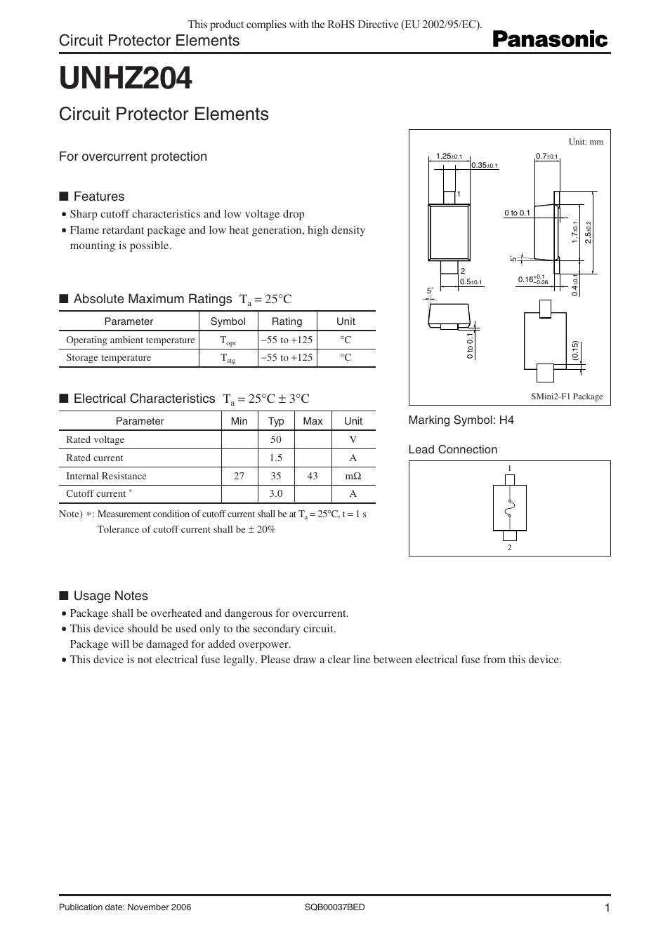 Panasonic Circuit Protector Elements UNHZ204 User Manual | 3 pages