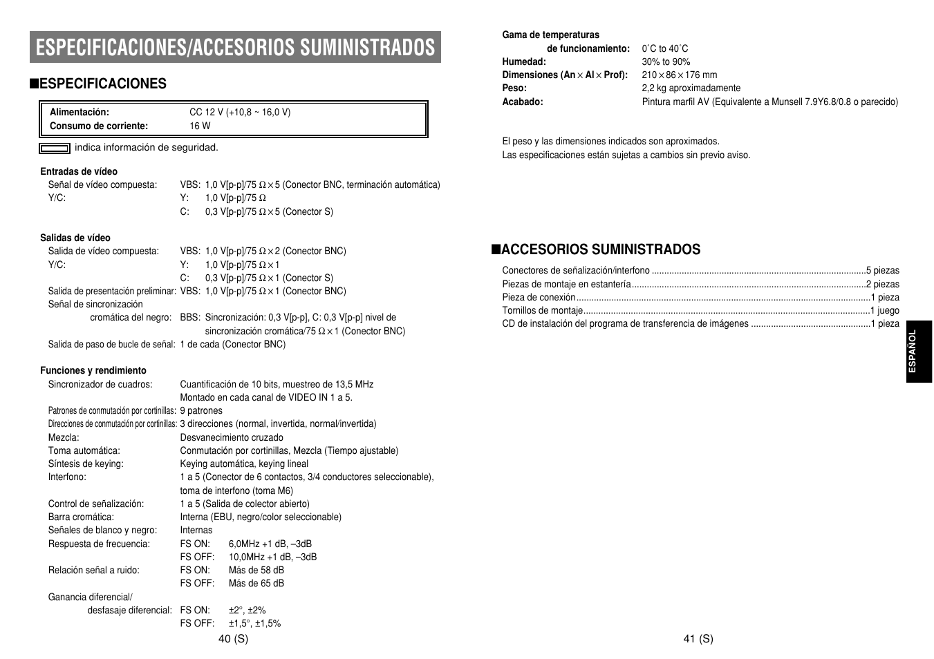 Especificaciones/accesorios suministrados, Especificaciones, Accesorios suministrados | Panasonic AW-SW350E User Manual | Page 102 / 105