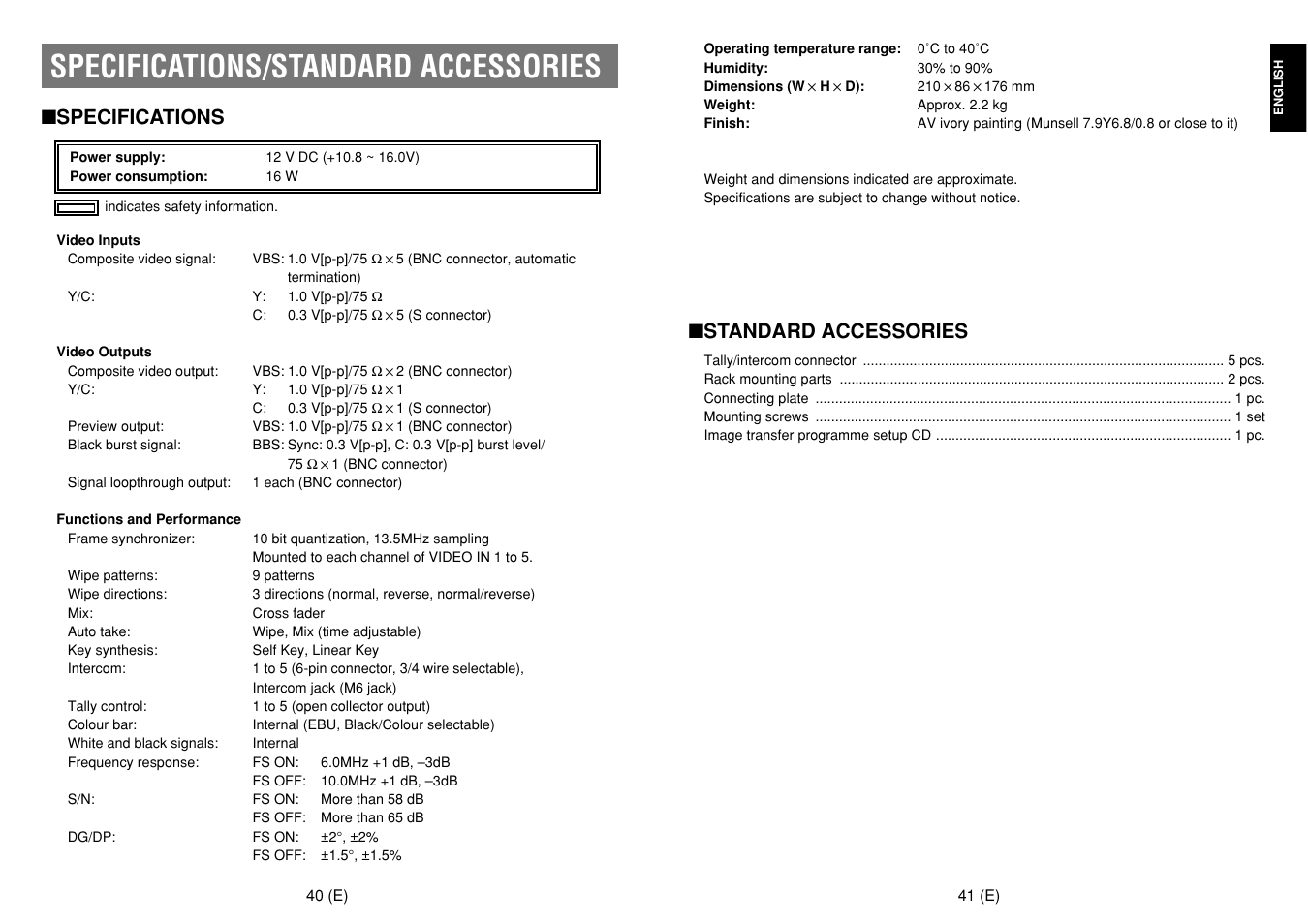 Specifications/standard accessories, Specifications, Standard accessories | Panasonic AW-SW350E User Manual | Page 22 / 105