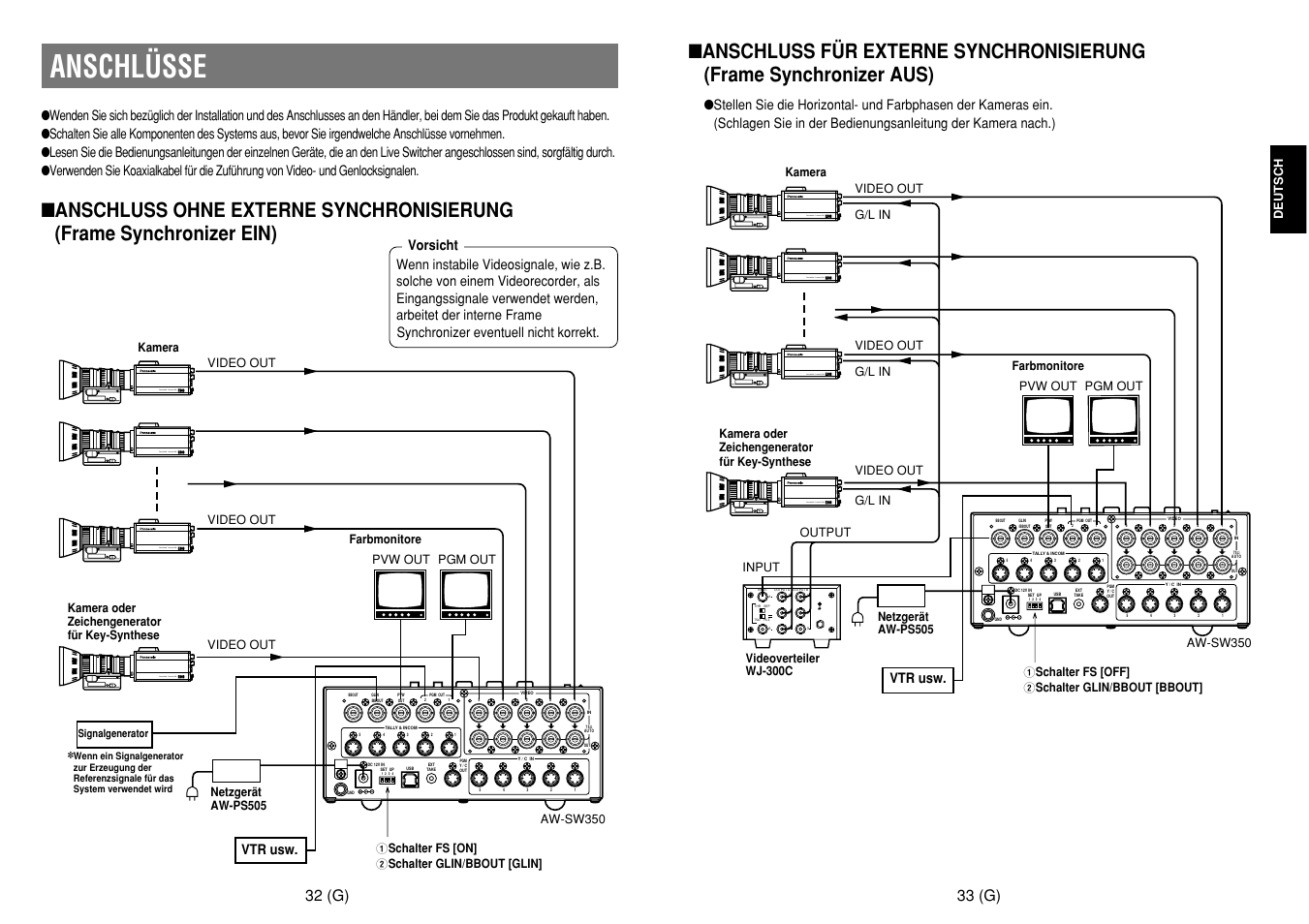 Anschlüsse, Convertible camera aw, 33 (g) | 32 (g), Vtr usw | Panasonic AW-SW350E User Manual | Page 38 / 105