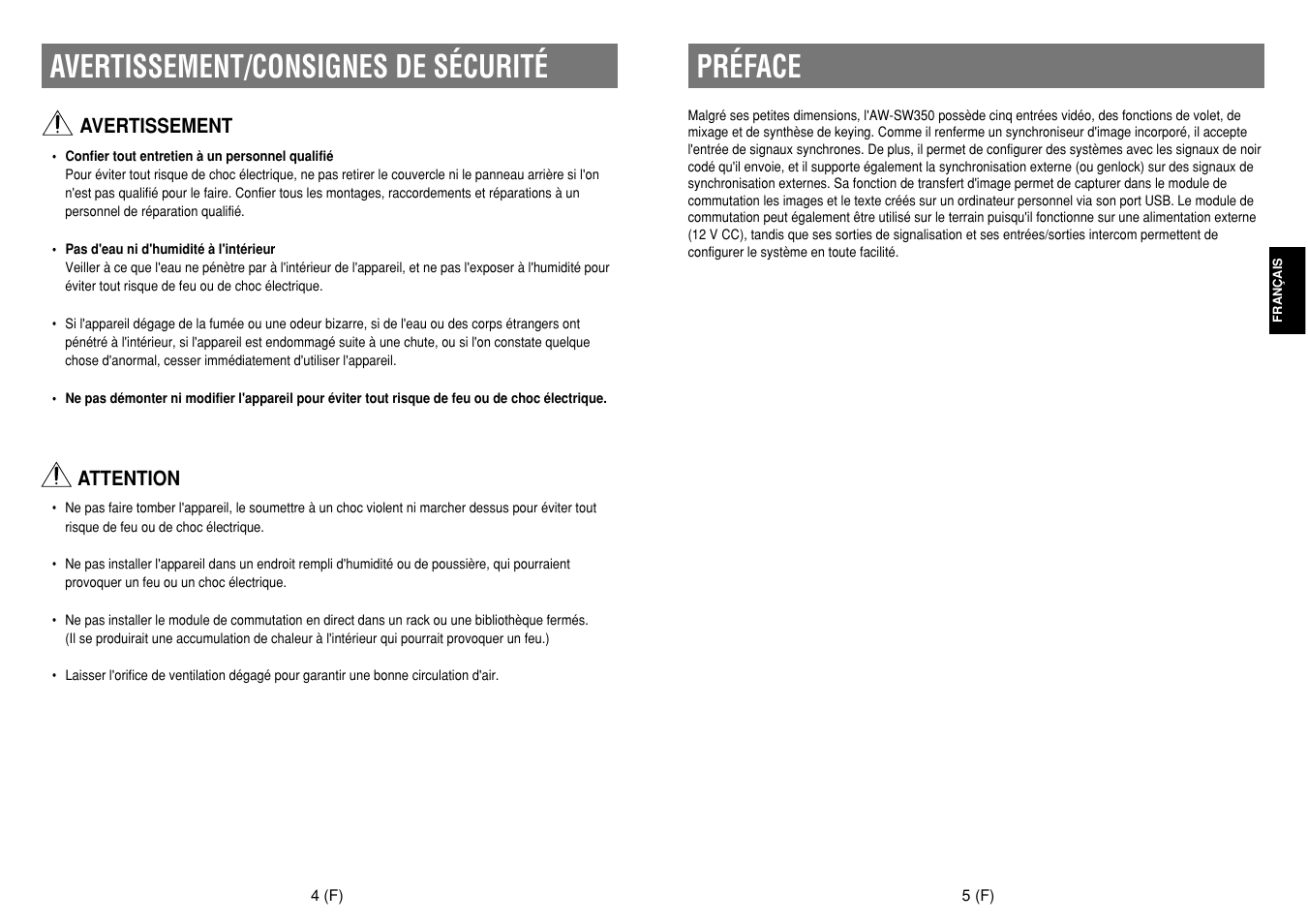 Avertissement/consignes de sécurité, Préface | Panasonic AW-SW350E User Manual | Page 44 / 105