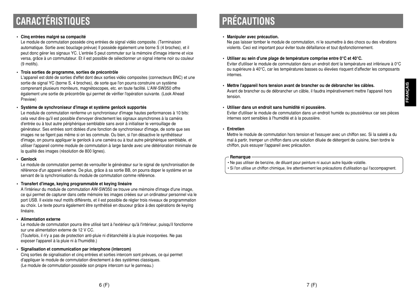 Caractéristiques, Précautions | Panasonic AW-SW350E User Manual | Page 45 / 105