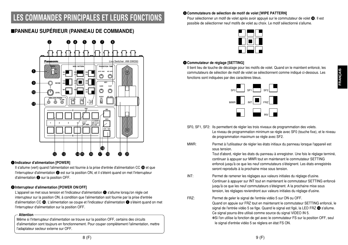 Les commandes principales et leurs fonctions, Panneau supérieur (panneau de commande), 9 (f) | 8 (f) | Panasonic AW-SW350E User Manual | Page 46 / 105