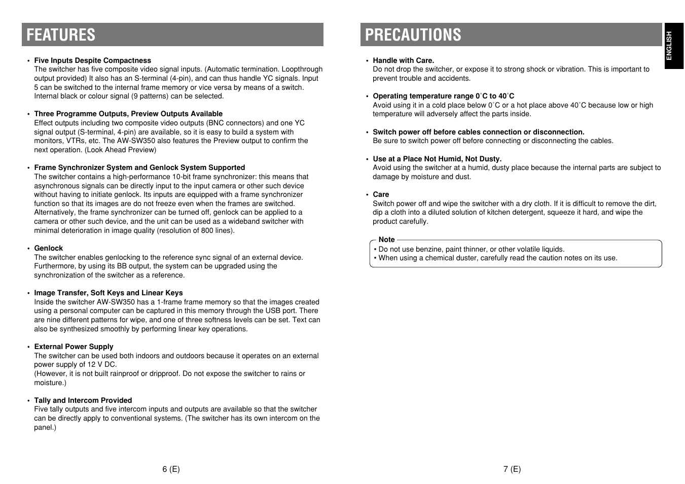 Features, Precautions | Panasonic AW-SW350E User Manual | Page 5 / 105