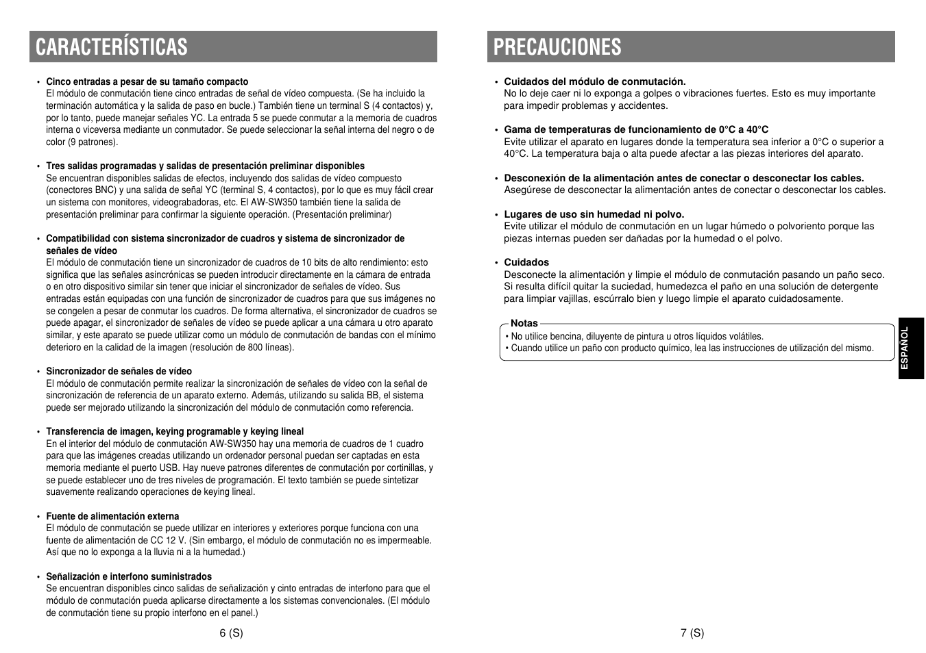 Características, Precauciones | Panasonic AW-SW350E User Manual | Page 85 / 105