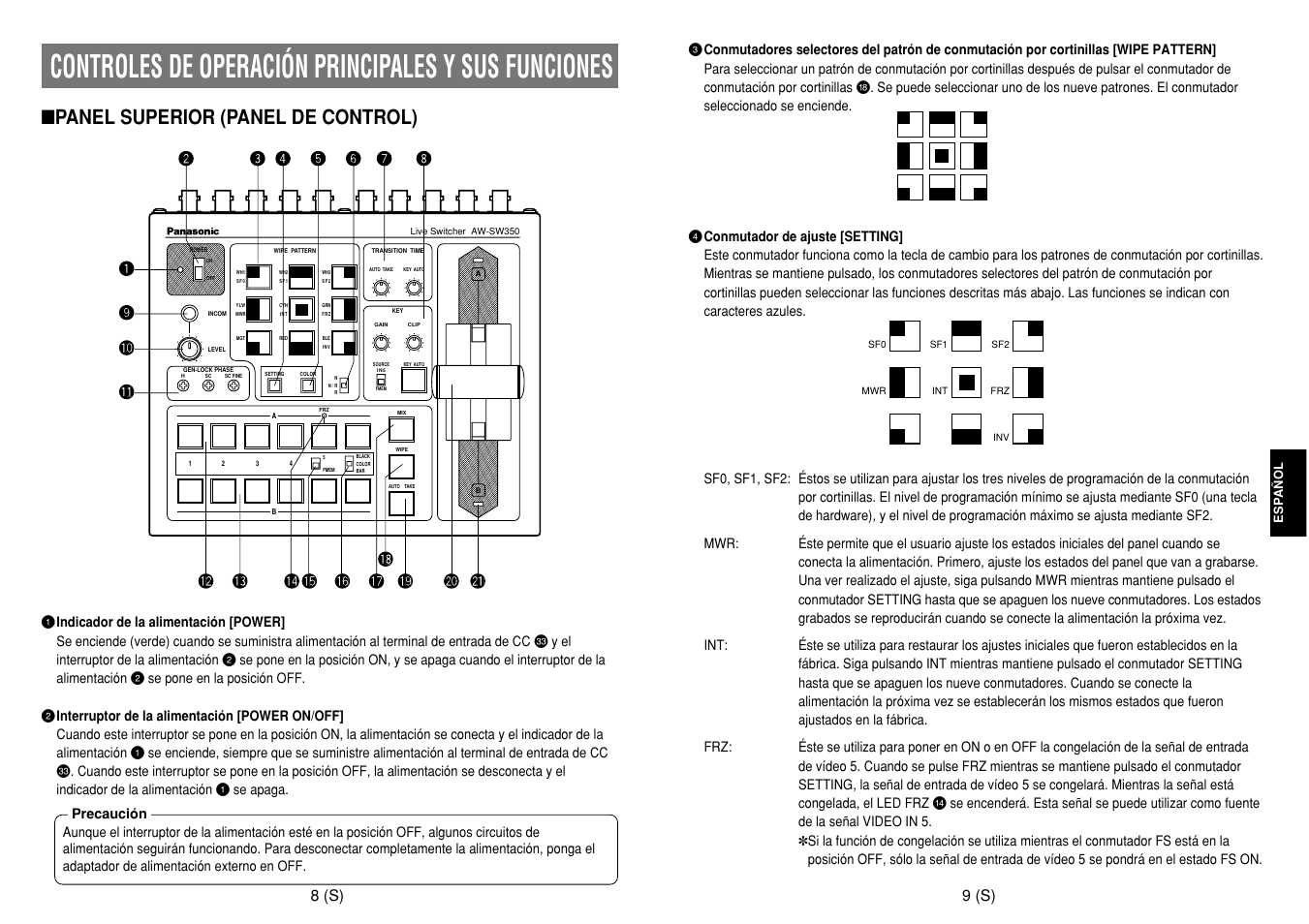 Controles de operación principales y sus funciones, Panel superior (panel de control), 9 (s) | 8 (s) | Panasonic AW-SW350E User Manual | Page 86 / 105