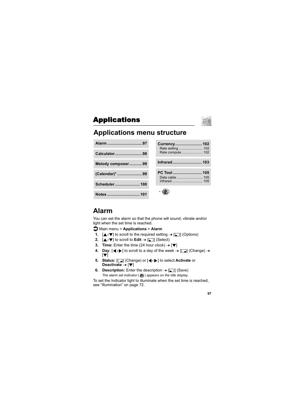 Applications, Alarm, Applications menu | Structure, Applications alarm, Applications menu structure | Panasonic EB-SC3 User Manual | Page 100 / 138