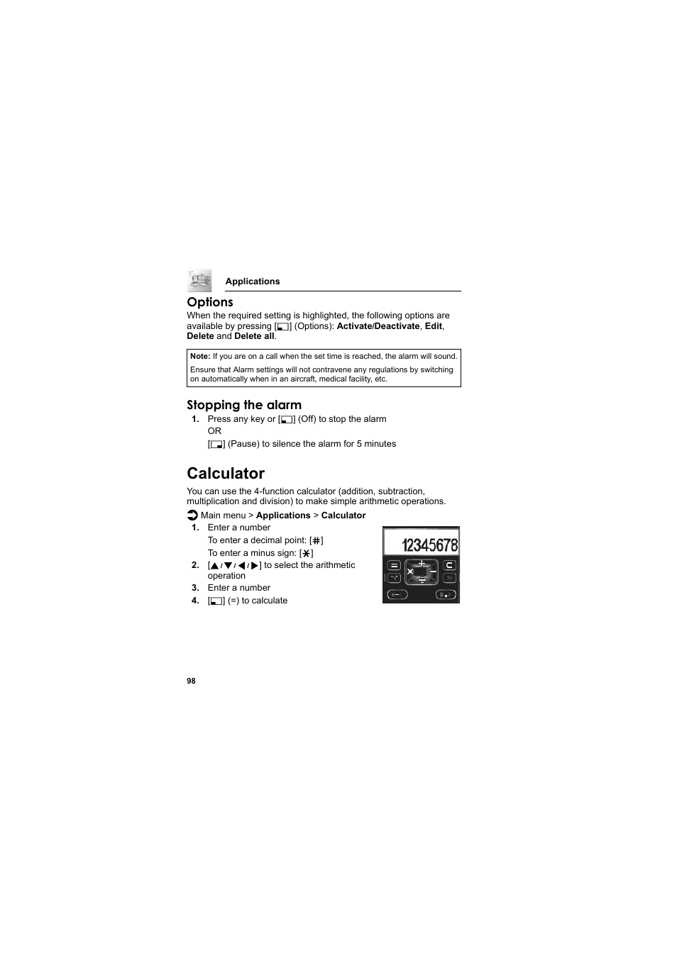 Calculator, Options, Stopping the alarm | Panasonic EB-SC3 User Manual | Page 101 / 138