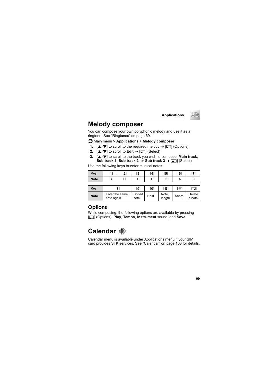 Melody composer, Calendar, Melody composer calendar | Options | Panasonic EB-SC3 User Manual | Page 102 / 138