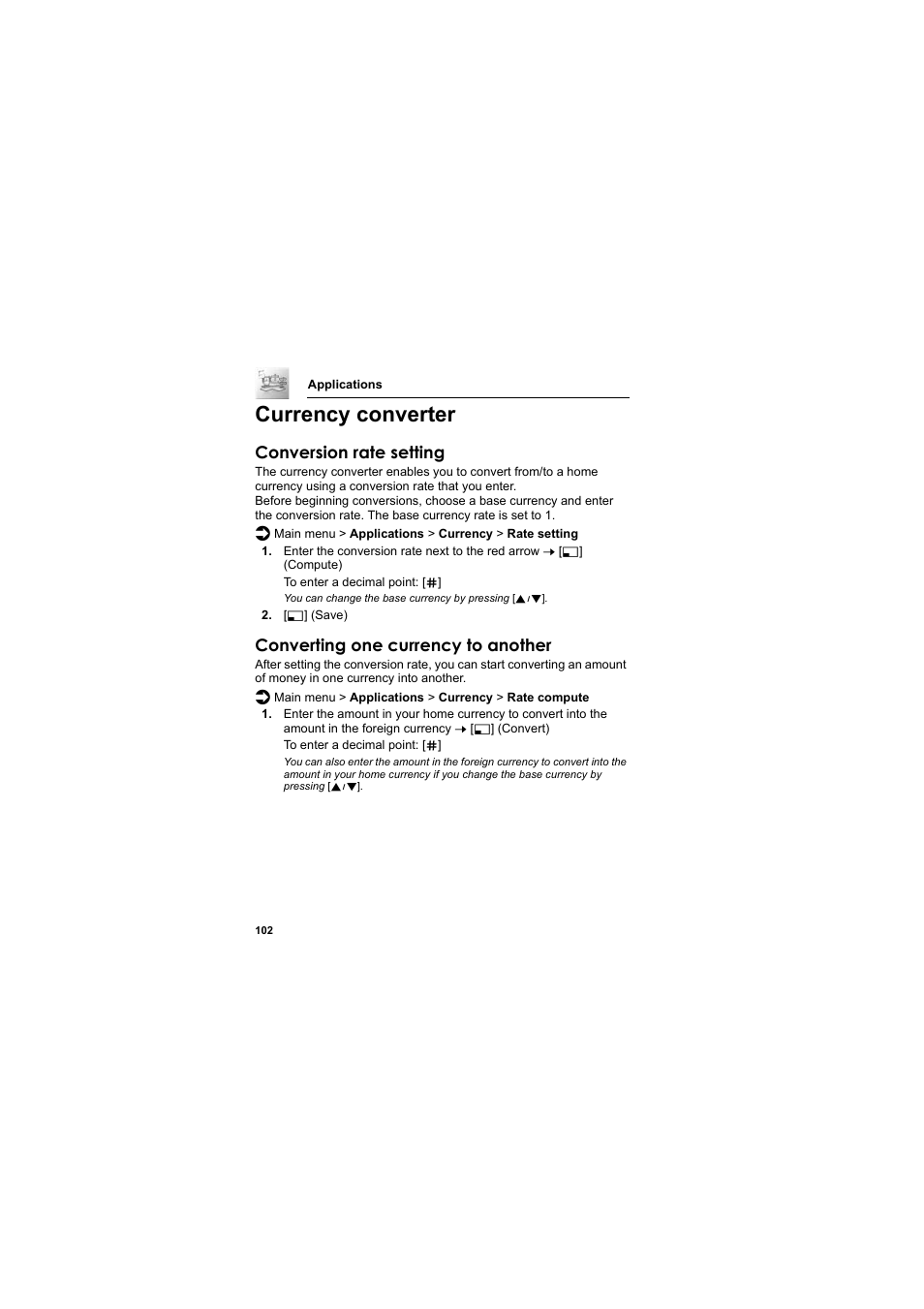 Currency converter, Conversion rate setting, Converting one currency to another | Panasonic EB-SC3 User Manual | Page 105 / 138