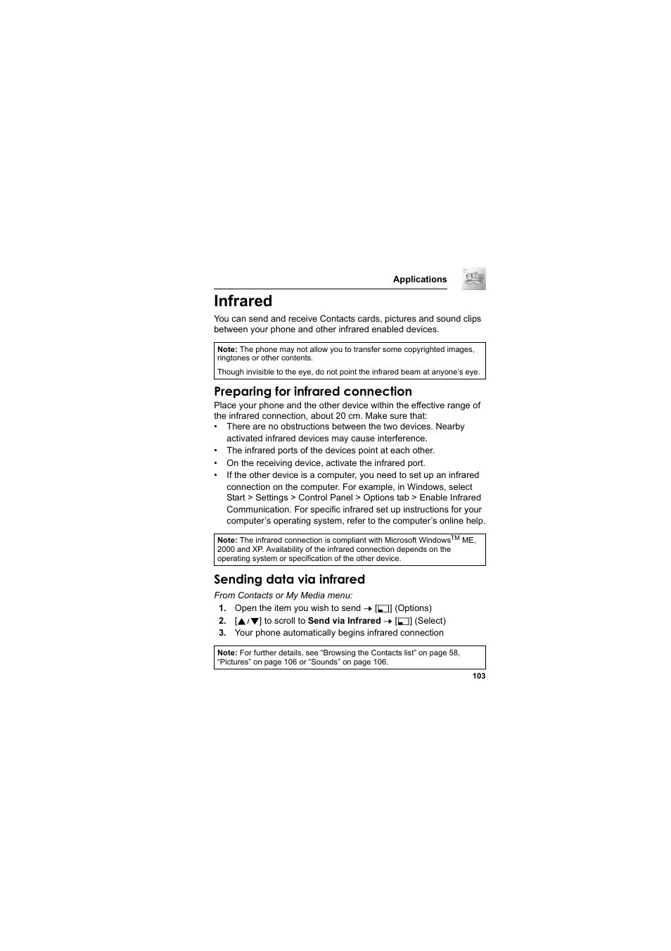Infrared, Preparing for infrared connection, Sending data via infrared | Panasonic EB-SC3 User Manual | Page 106 / 138