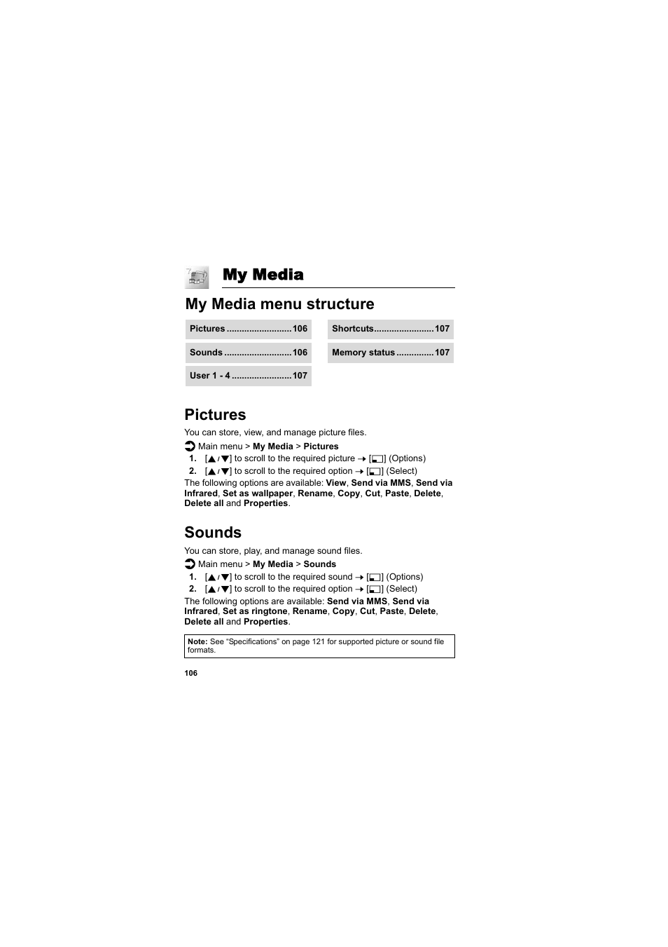 My media, Pictures, Sounds | My media menu structure pictures sounds, My media pictures, My media menu structure | Panasonic EB-SC3 User Manual | Page 109 / 138