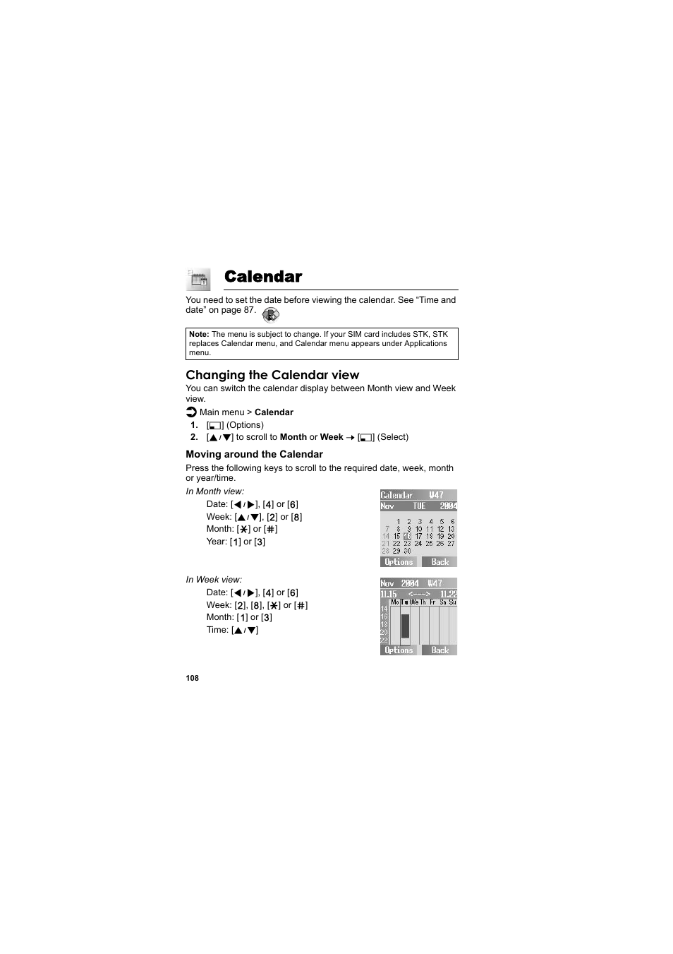 Calendar, Changing the calendar view | Panasonic EB-SC3 User Manual | Page 111 / 138