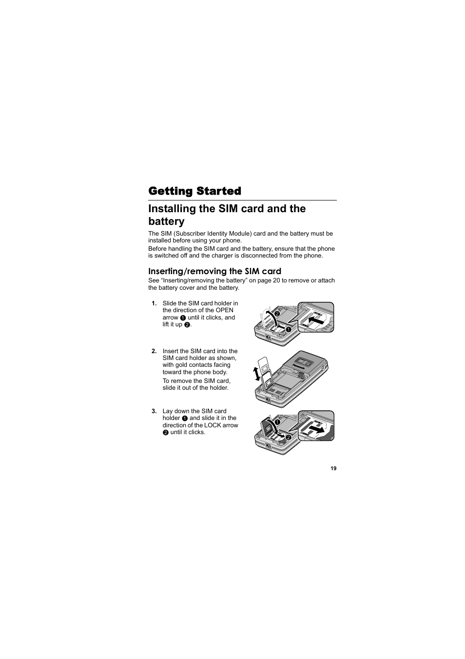 Getting started, Installing the sim card and the battery, Installing the sim card and | The battery, Inserting/removing the sim card | Panasonic EB-SC3 User Manual | Page 22 / 138