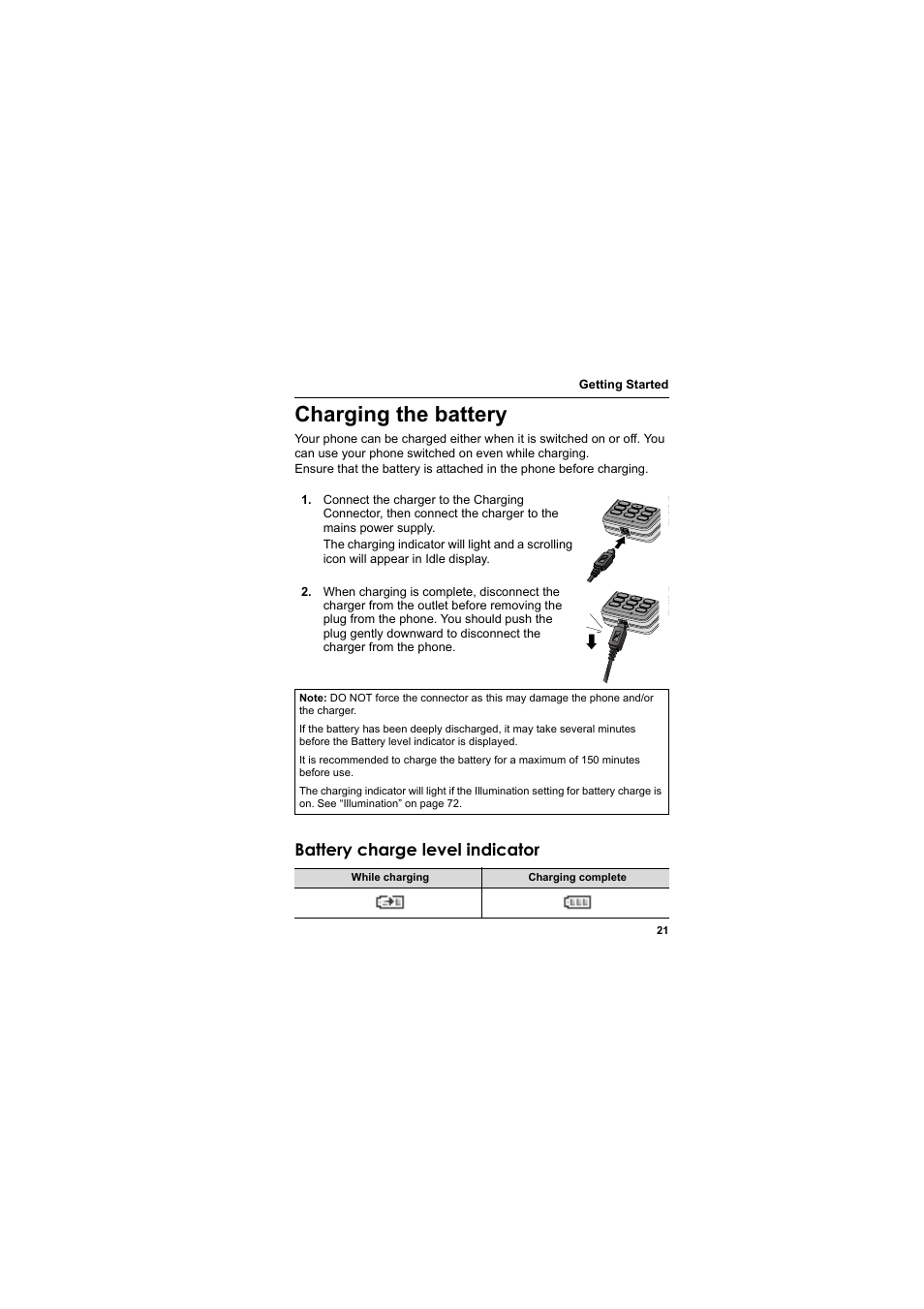 Charging the battery, Battery charge level indicator | Panasonic EB-SC3 User Manual | Page 24 / 138