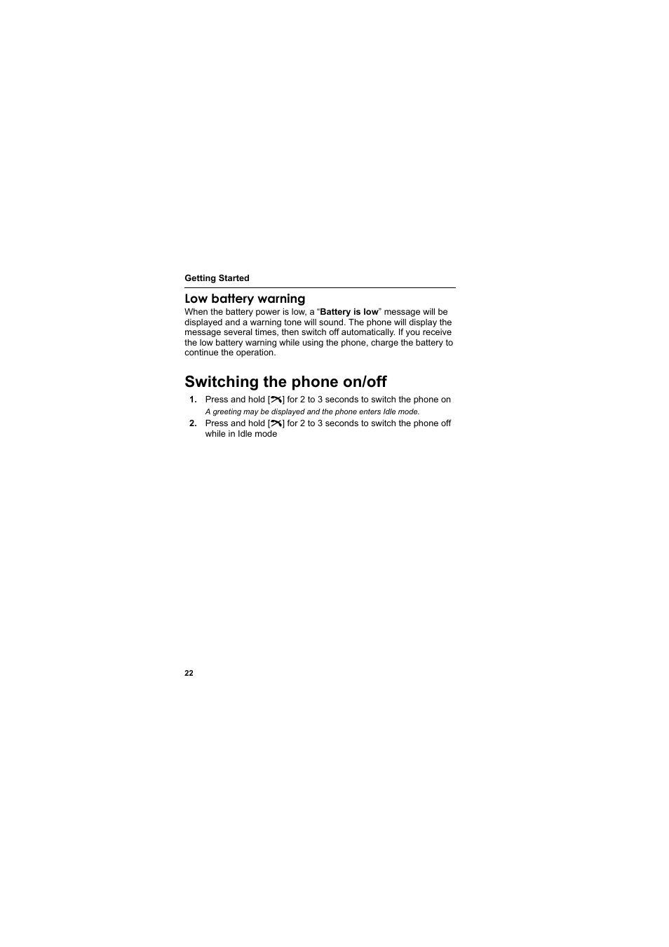 Switching the phone on/off, Low battery warning | Panasonic EB-SC3 User Manual | Page 25 / 138