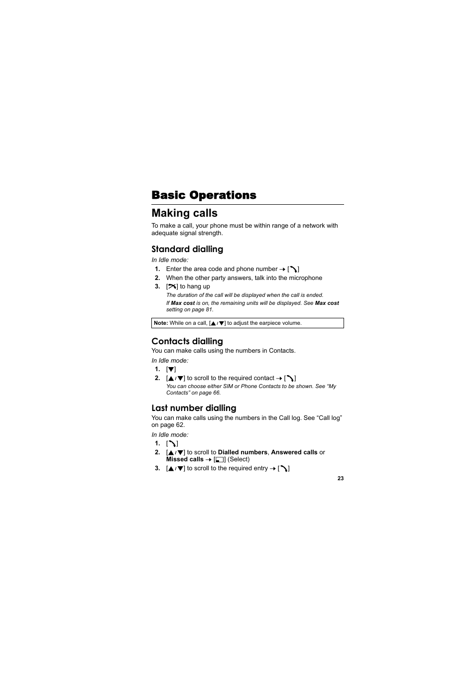 Basic operations, Making calls, Basic operations making calls | Standard dialling, Contacts dialling, Last number dialling | Panasonic EB-SC3 User Manual | Page 26 / 138
