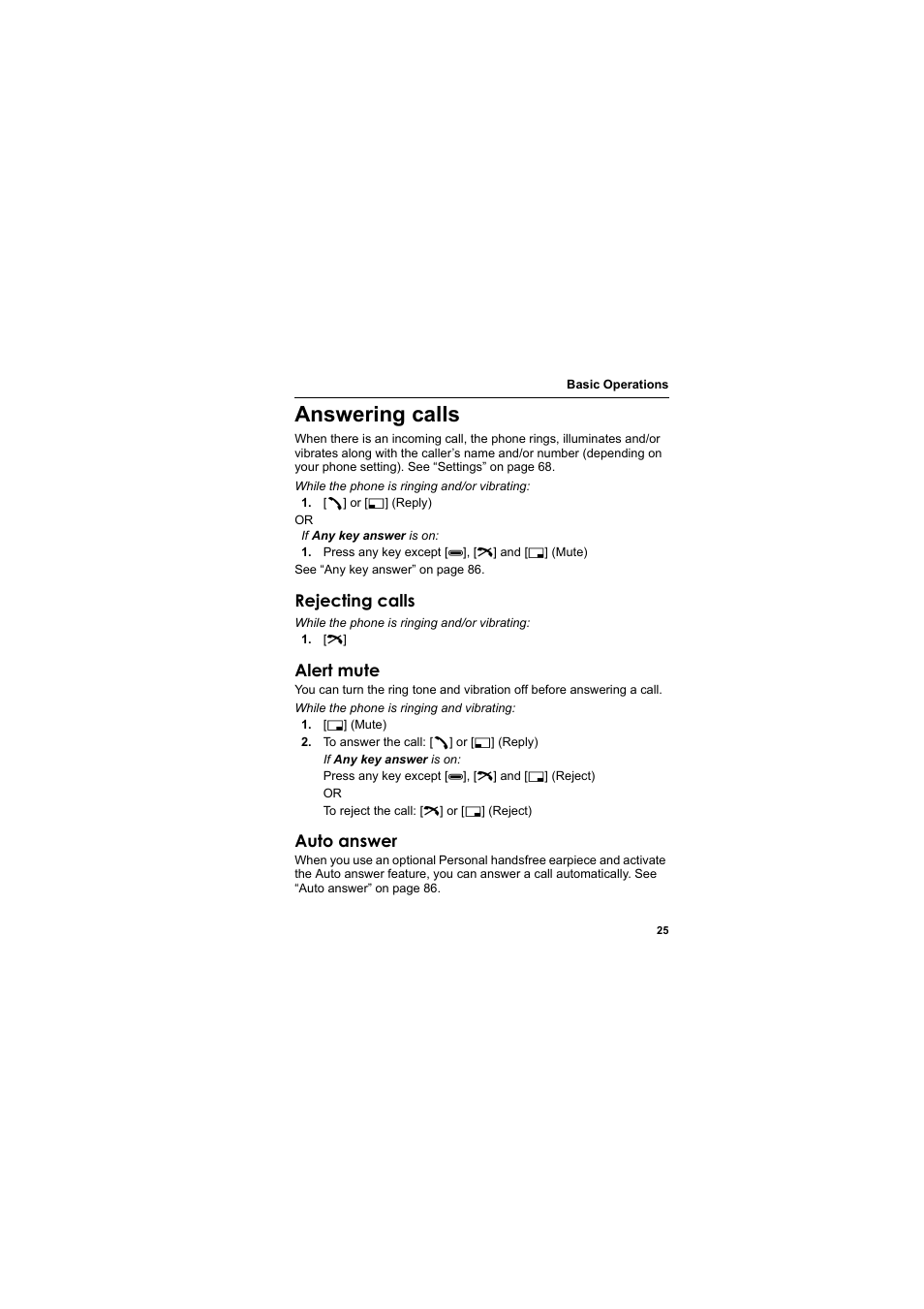 Answering calls, Rejecting calls, Alert mute | Auto answer | Panasonic EB-SC3 User Manual | Page 28 / 138