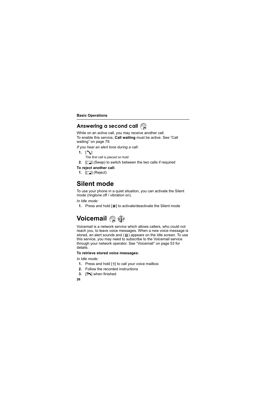 Silent mode, Voicemail, Silent mode voicemail | Answering a second call | Panasonic EB-SC3 User Manual | Page 29 / 138