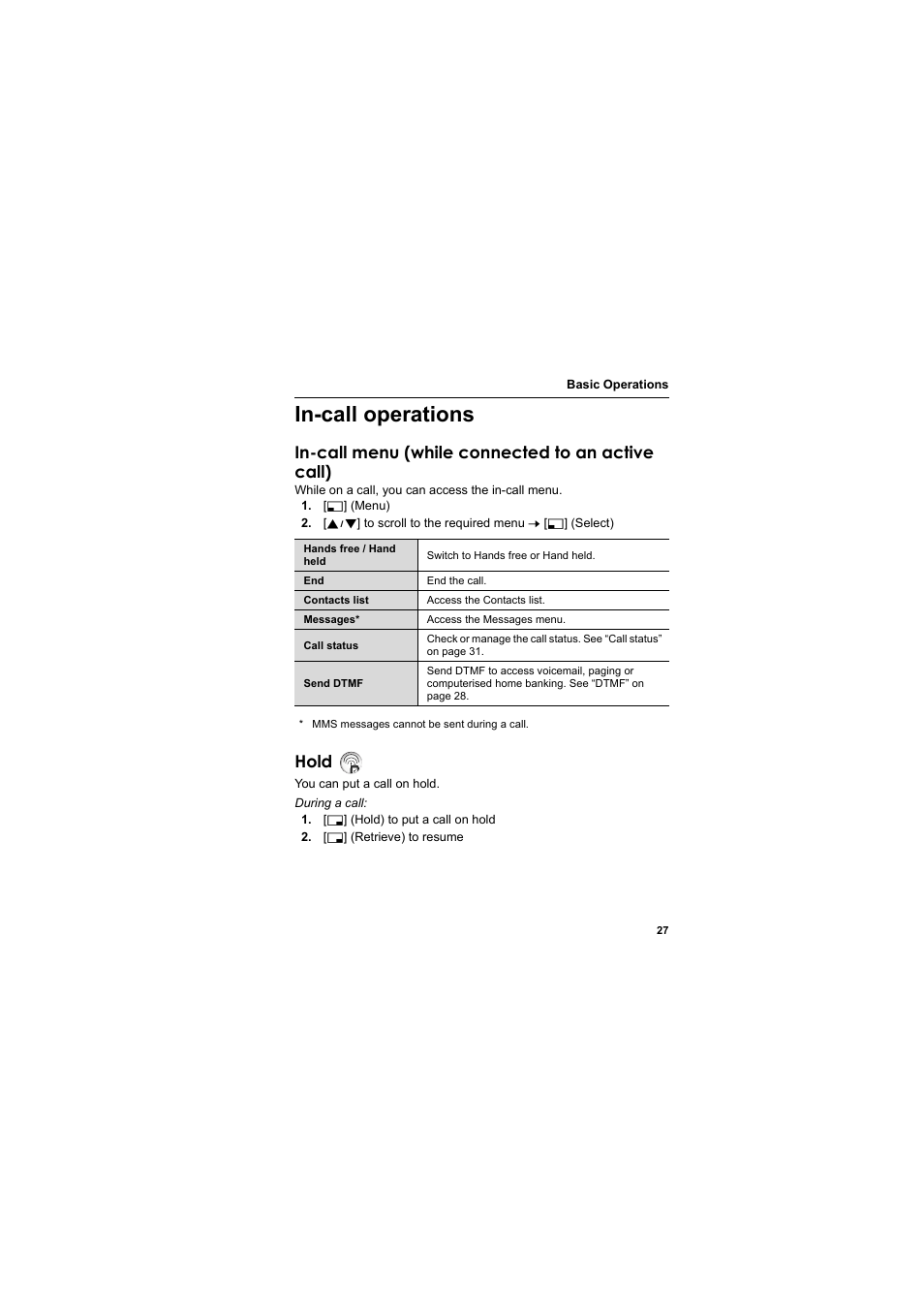 In-call operations, In-call menu (while connected to an active call), Hold | Panasonic EB-SC3 User Manual | Page 30 / 138