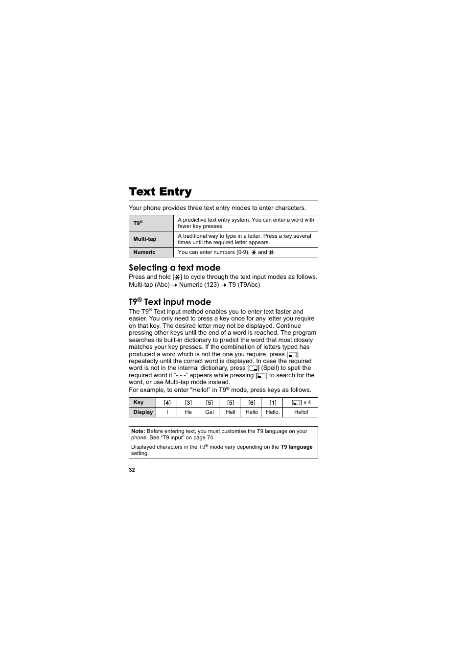Text entry, Selecting a text mode, Text input mode | Panasonic EB-SC3 User Manual | Page 35 / 138
