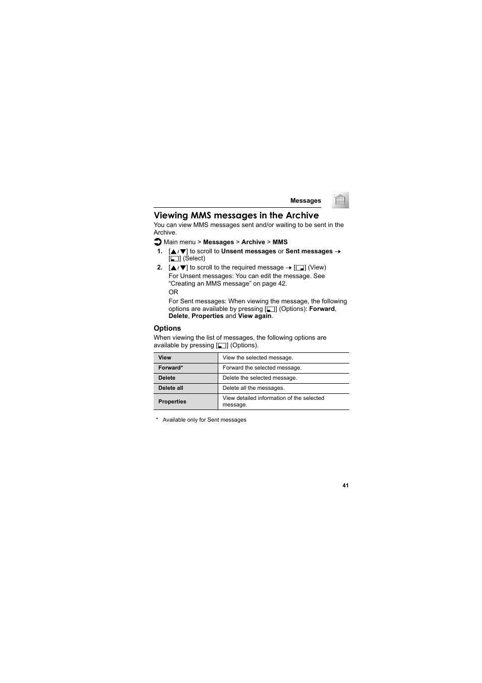Viewing mms messages in the archive | Panasonic EB-SC3 User Manual | Page 44 / 138
