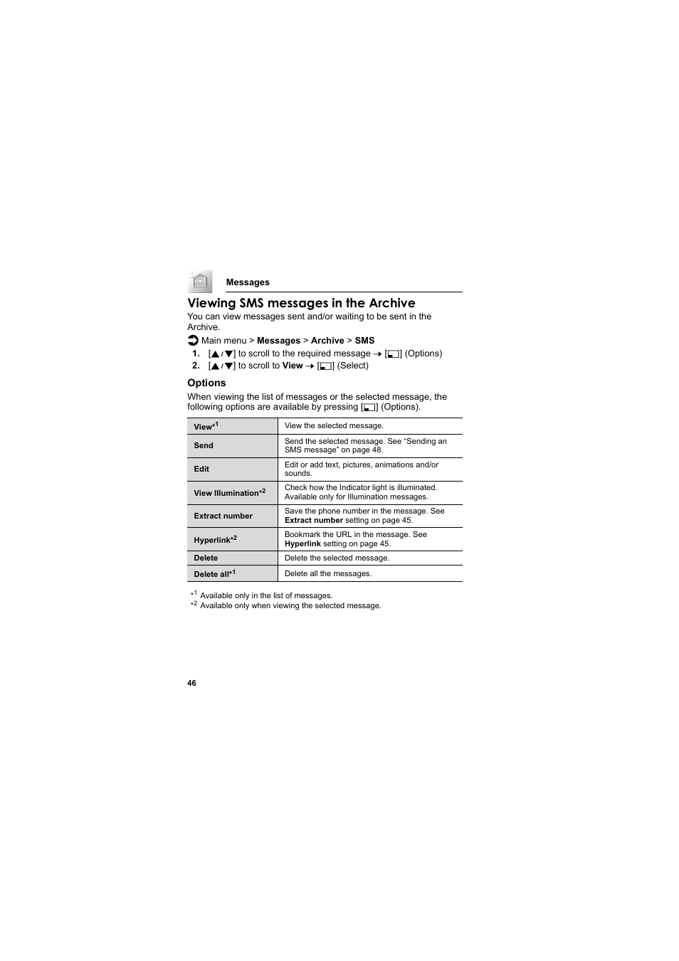 Viewing sms messages in the archive | Panasonic EB-SC3 User Manual | Page 49 / 138