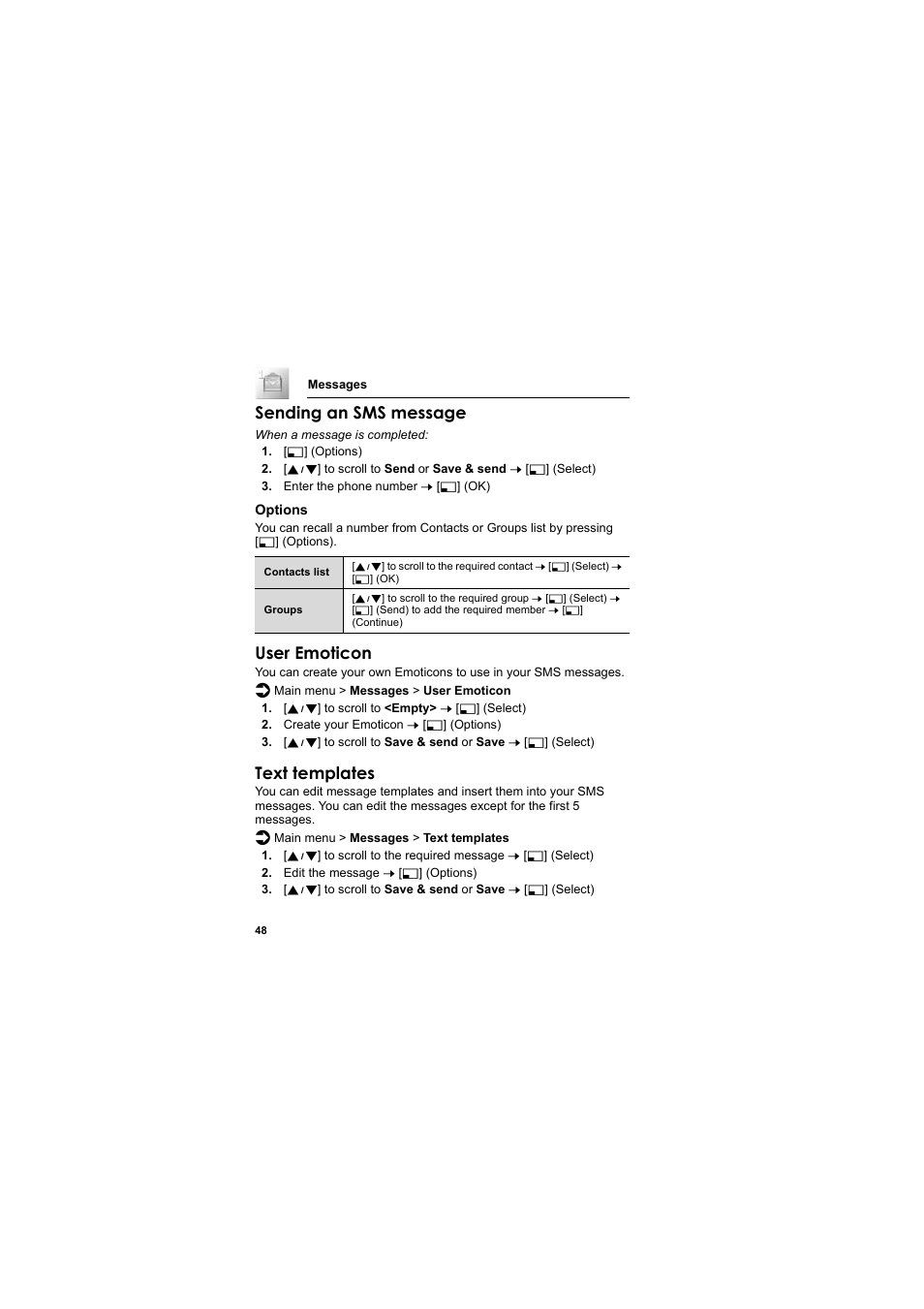 Sending an sms message, User emoticon, Text templates | Panasonic EB-SC3 User Manual | Page 51 / 138