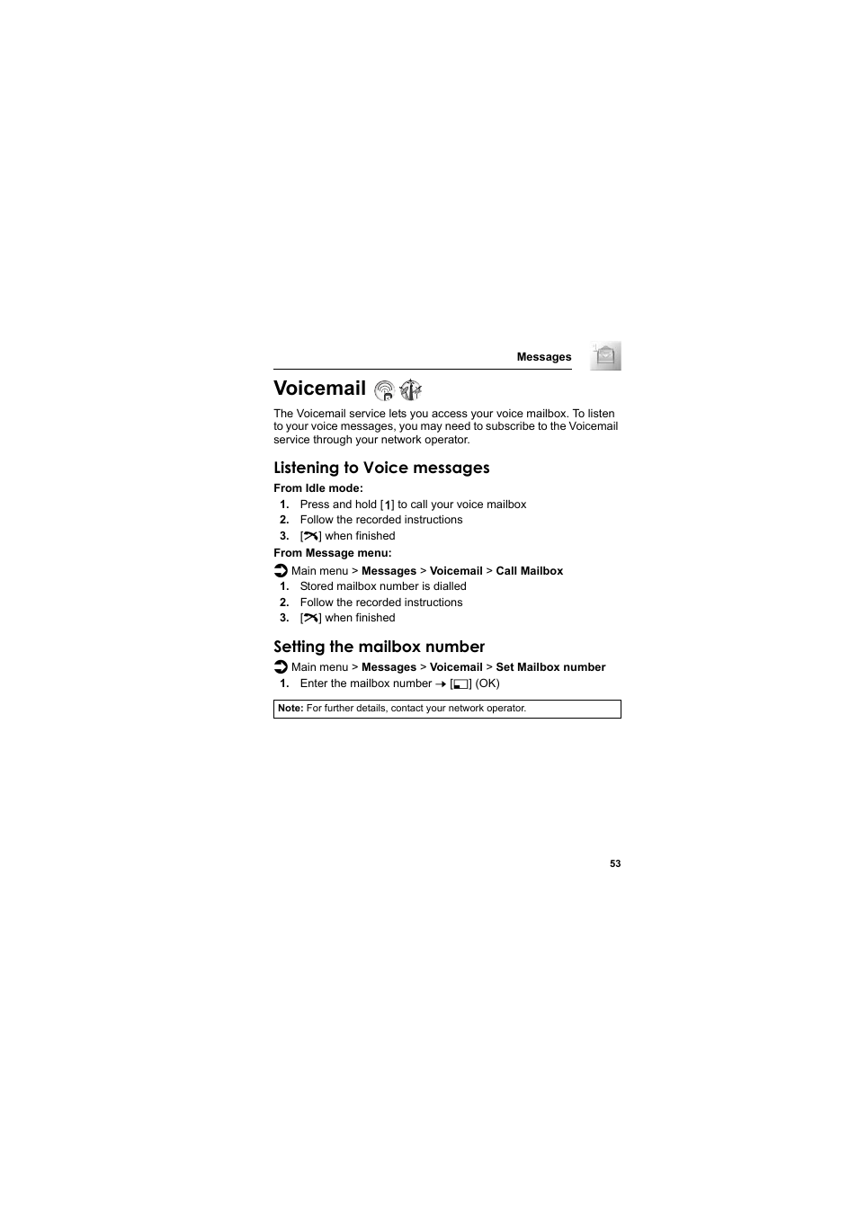 Voicemail, Listening to voice messages, Setting the mailbox number | Panasonic EB-SC3 User Manual | Page 56 / 138