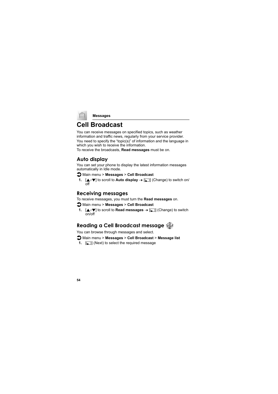 Cell broadcast, Auto display, Receiving messages | Reading a cell broadcast message | Panasonic EB-SC3 User Manual | Page 57 / 138