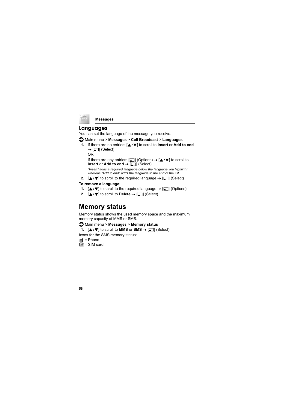 Memory status, Languages | Panasonic EB-SC3 User Manual | Page 59 / 138