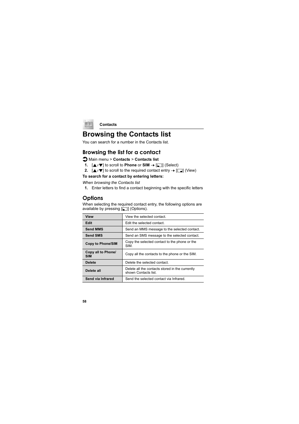 Browsing the contacts list, Browsing the list for a contact, Options | Panasonic EB-SC3 User Manual | Page 61 / 138