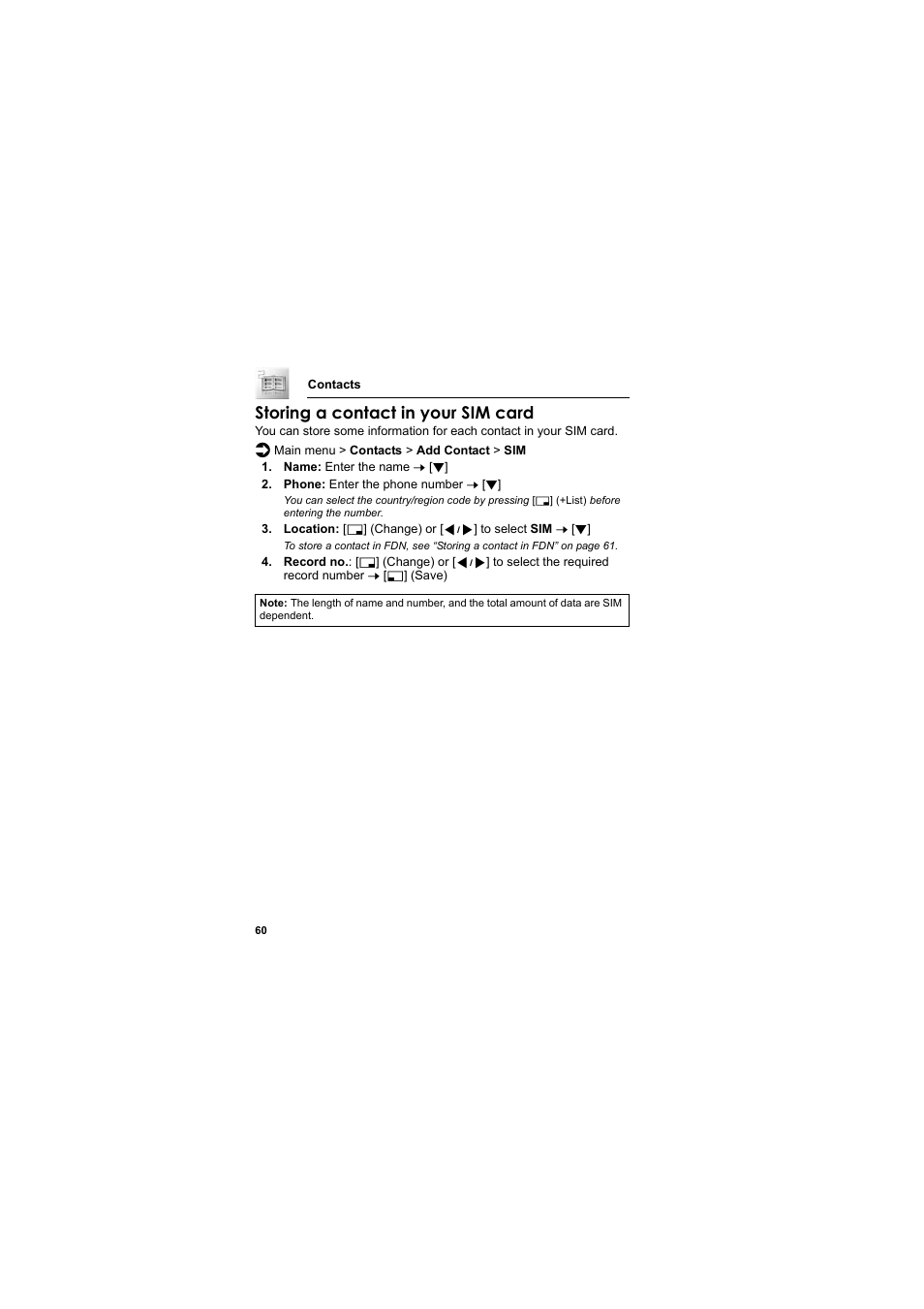 Storing a contact in your sim card | Panasonic EB-SC3 User Manual | Page 63 / 138