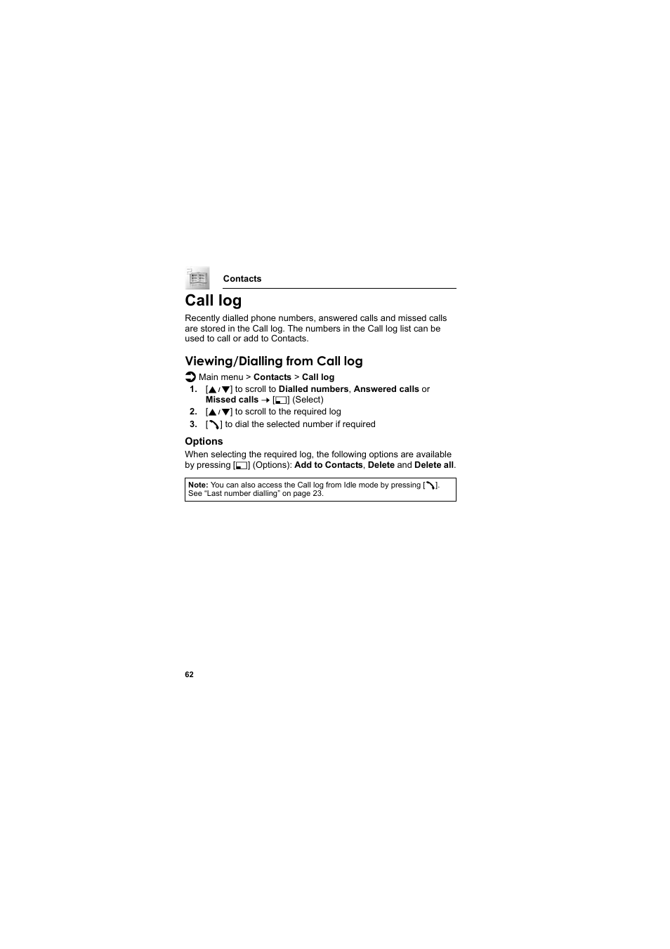 Call log, Viewing/dialling from call log | Panasonic EB-SC3 User Manual | Page 65 / 138