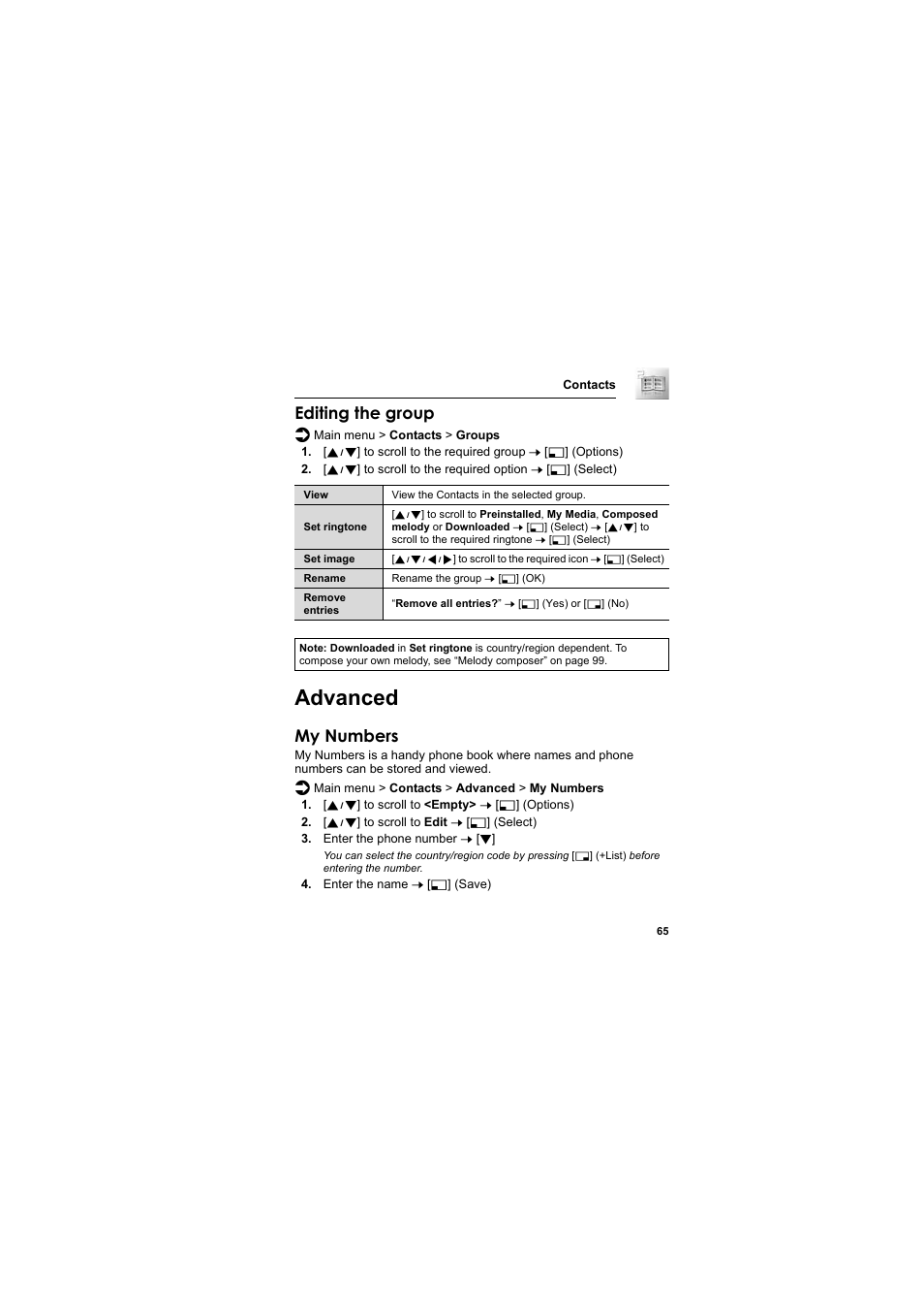 Advanced, Editing the group, My numbers | Panasonic EB-SC3 User Manual | Page 68 / 138