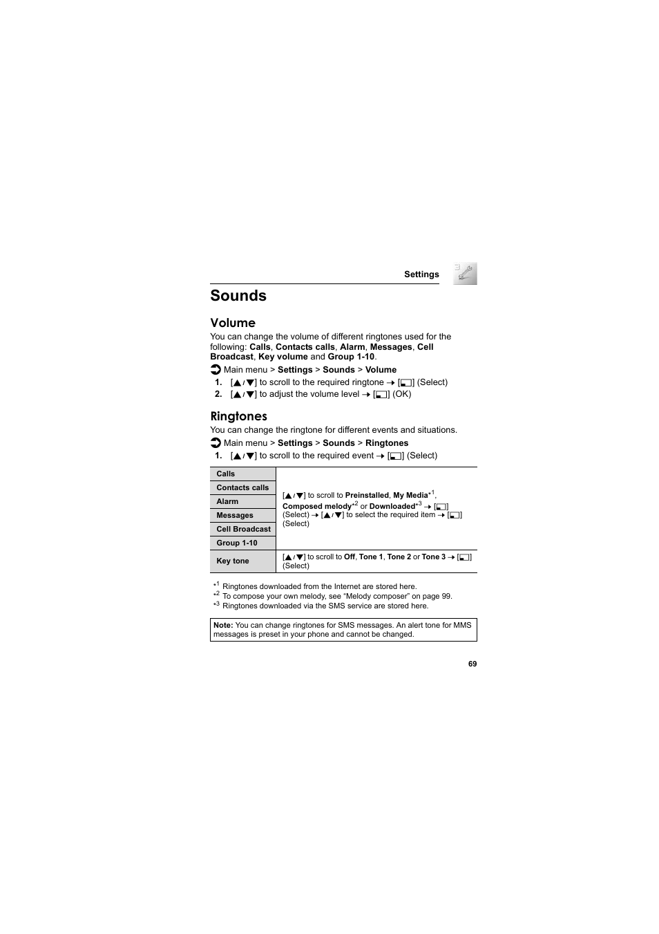 Sounds, Volume, Ringtones | Panasonic EB-SC3 User Manual | Page 72 / 138