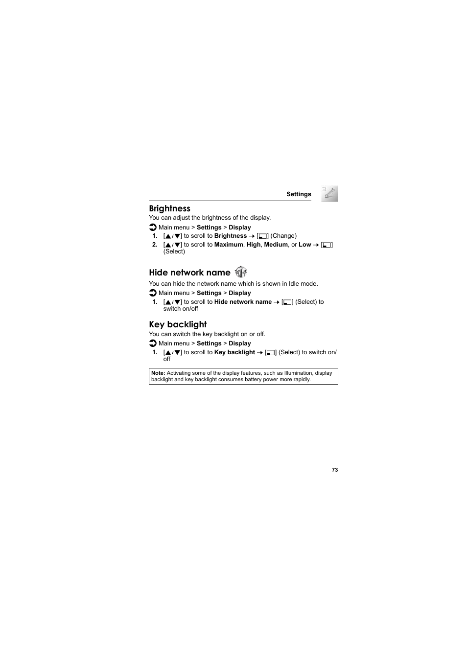 Brightness, Hide network name, Key backlight | Panasonic EB-SC3 User Manual | Page 76 / 138