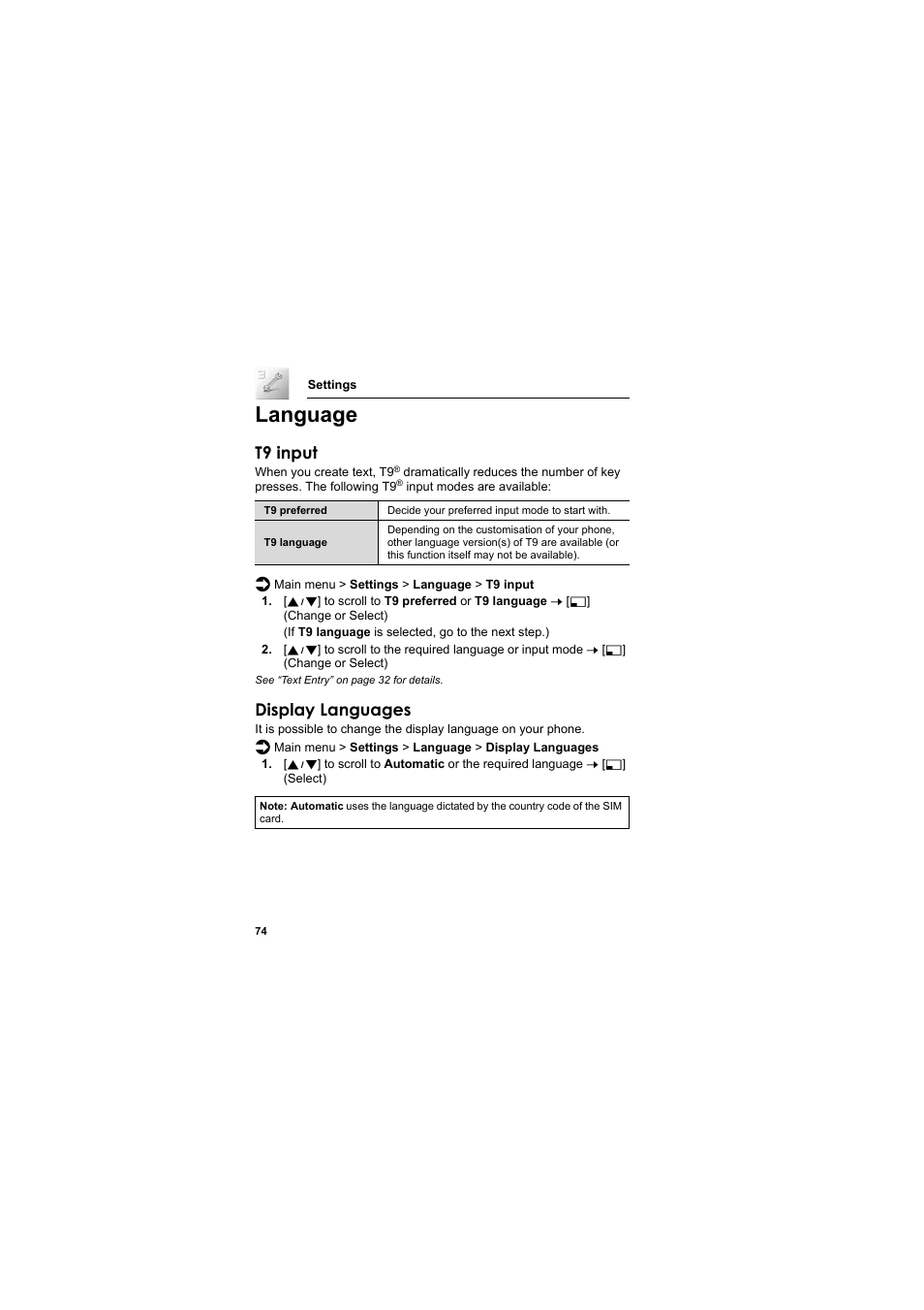 Language, T9 input, Display languages | Panasonic EB-SC3 User Manual | Page 77 / 138
