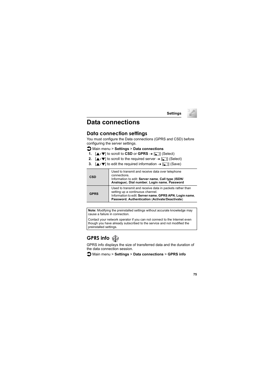 Data connections, Data connection settings, Gprs info | Panasonic EB-SC3 User Manual | Page 78 / 138