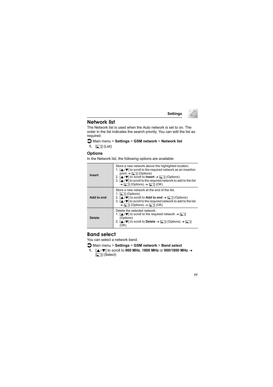 Network list, Band select | Panasonic EB-SC3 User Manual | Page 80 / 138